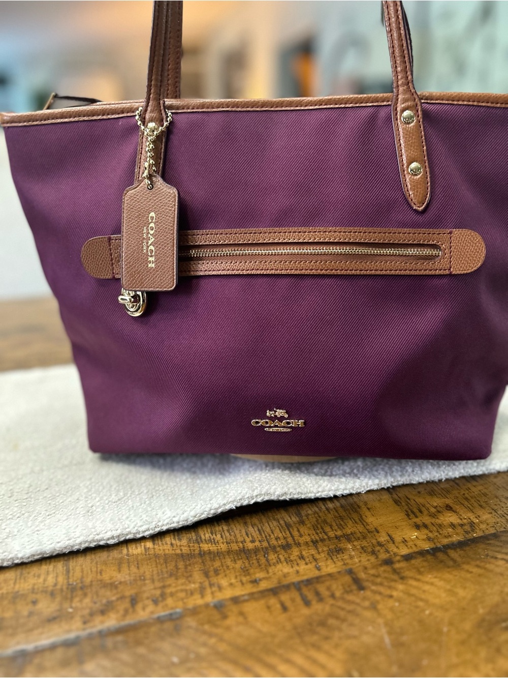 Coach Plum Tote Bag with Brown Leather Trim